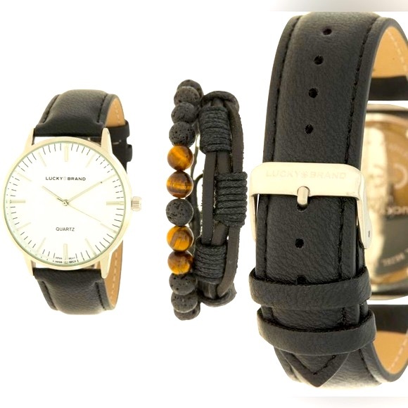 Lucky Brand Leather Strap Watch & Bracelets Set 40mm ✨ Black | Stainless